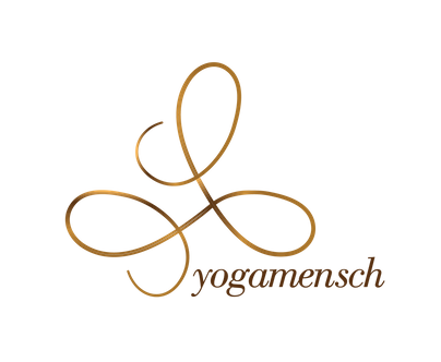Logo Yogamensch Yoga Schrift braun gold gelb 